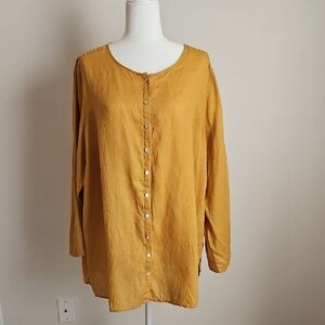 Tahari 100%linen Long Sleeve Button Front Tunic Blouse Mustard Yellow 2X
